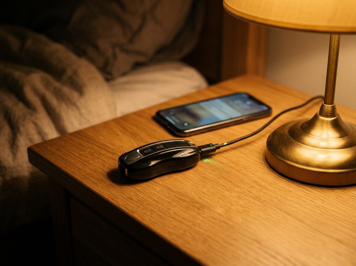 The device charging by USB on a bedside table