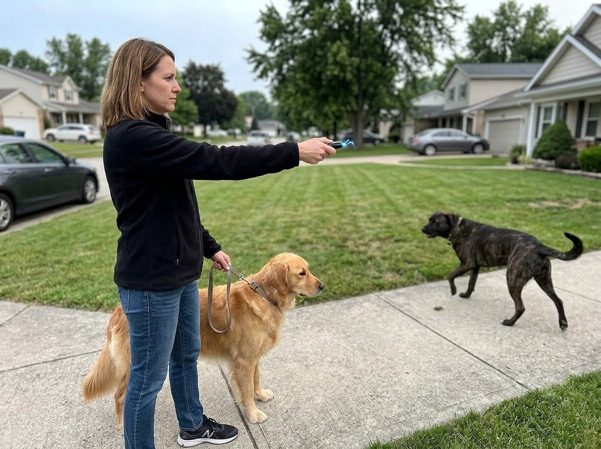 Dog walker holding the device out as a loose dog stops and turns away
