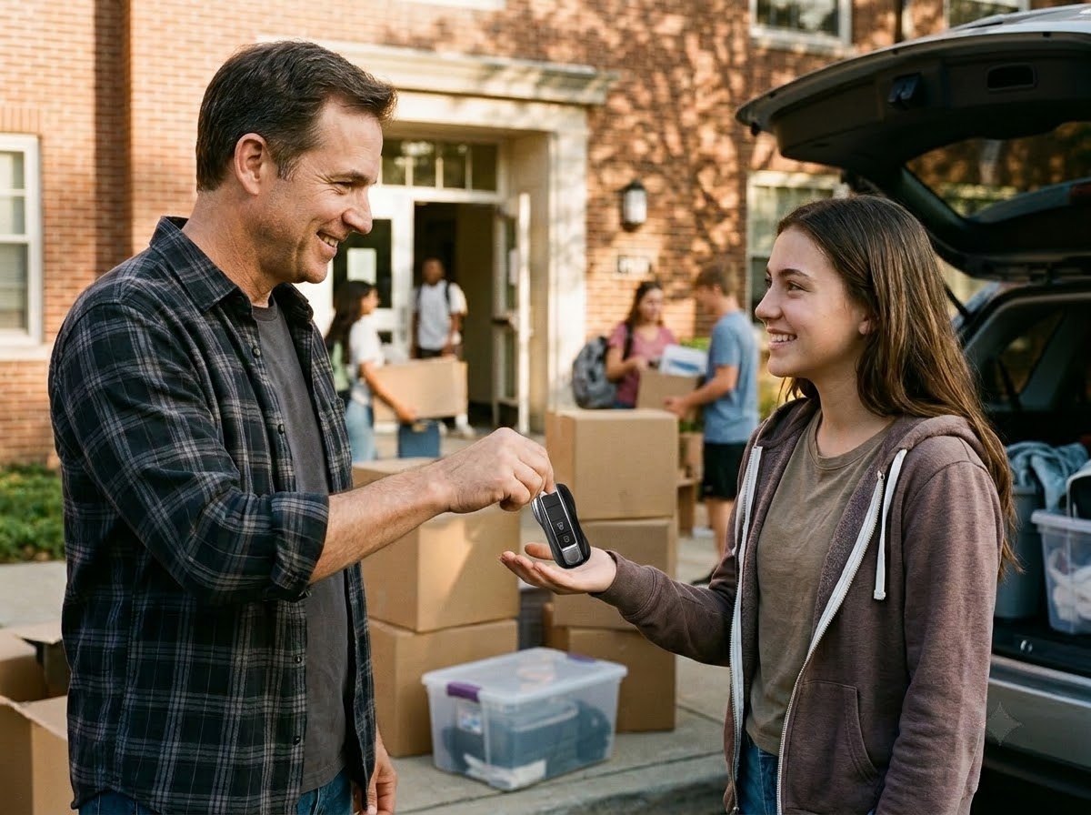A father giving his daughter her keychain outside her college dorm
