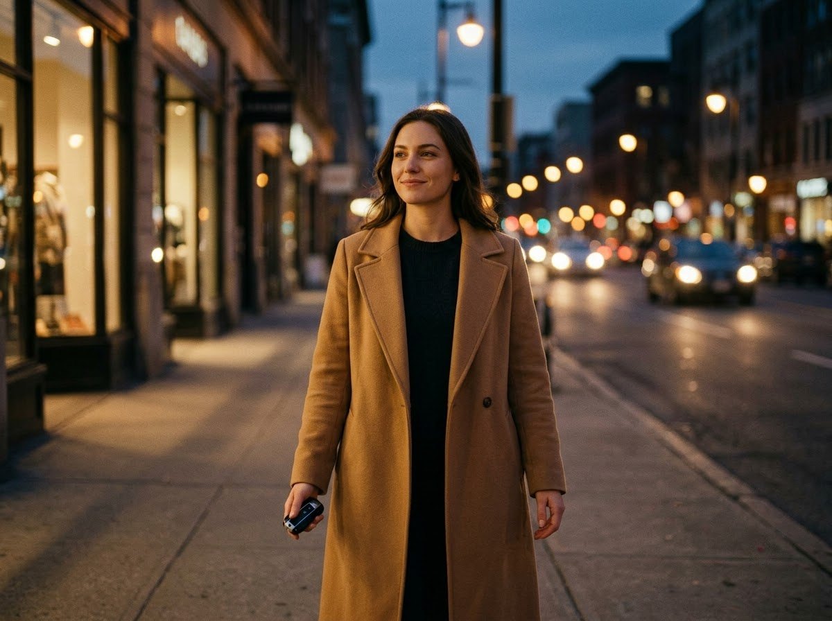 Confident woman walking down a city street at dusk