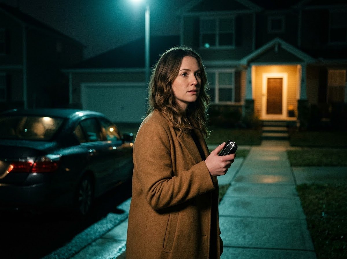 Woman walking from her car to her front door at night with keys in hand