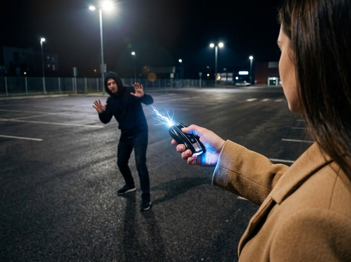 Woman holding the key fob device out as a stranger backs away