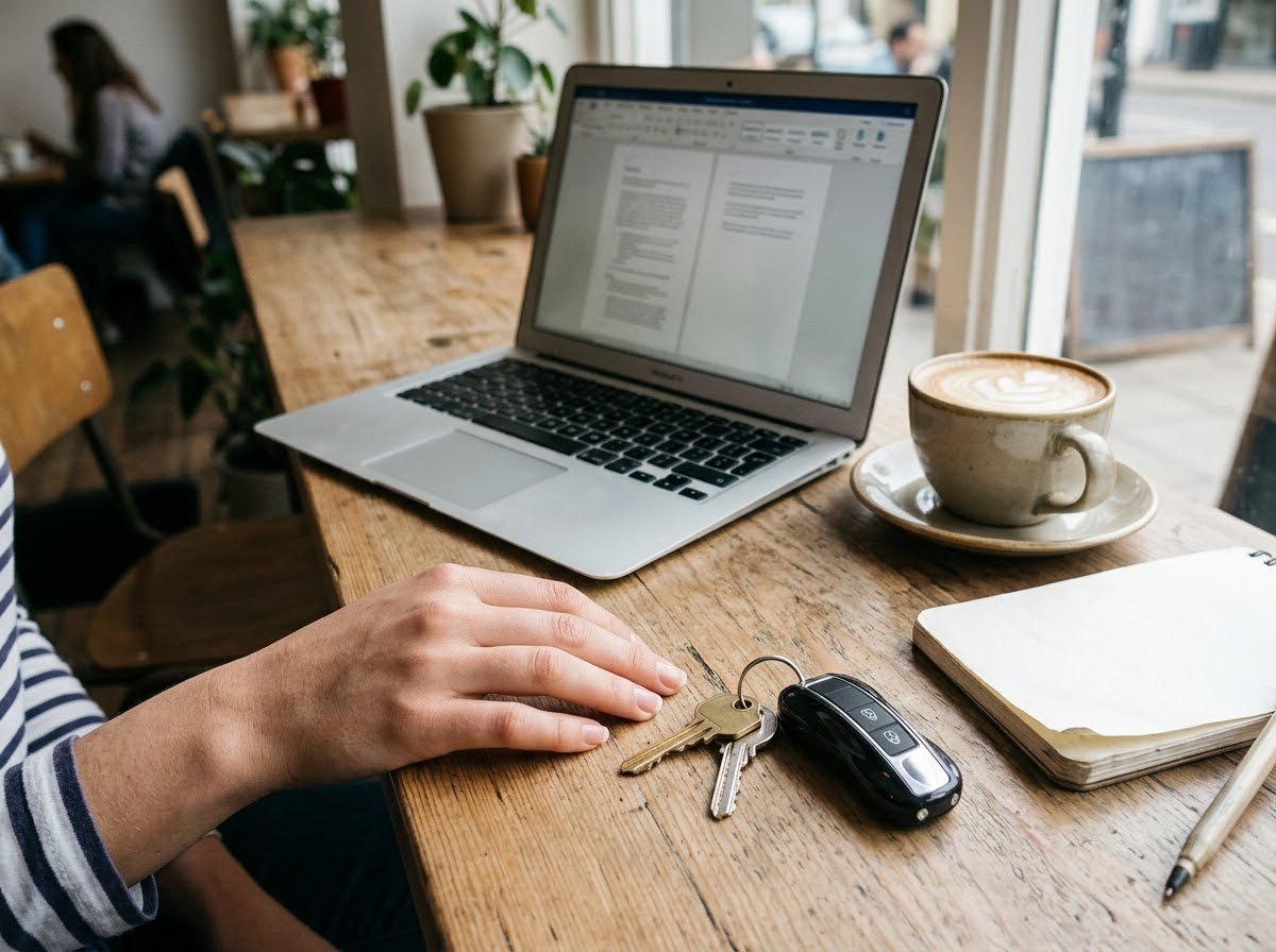 Keys with the device on a cafe table next to a laptop