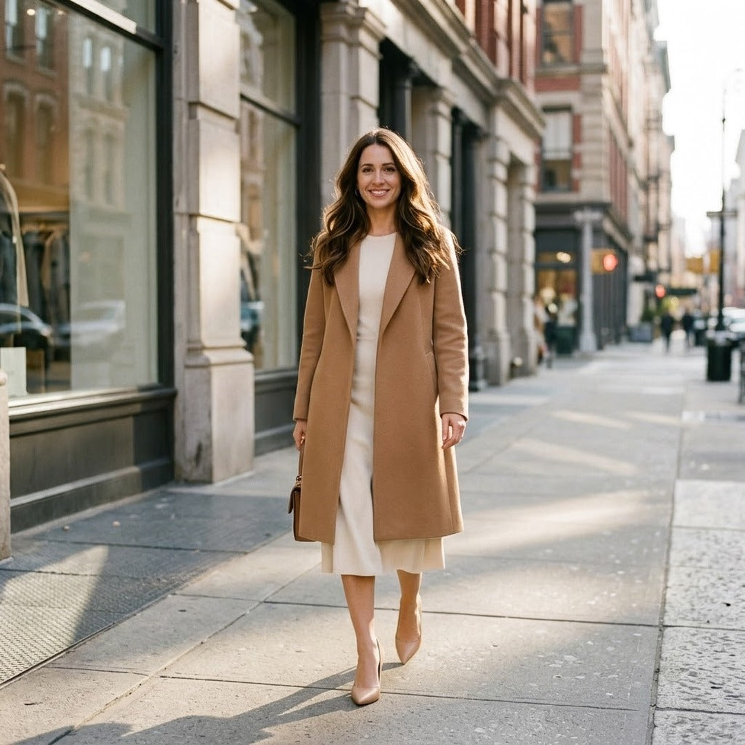 Woman walking confidently in nude heels